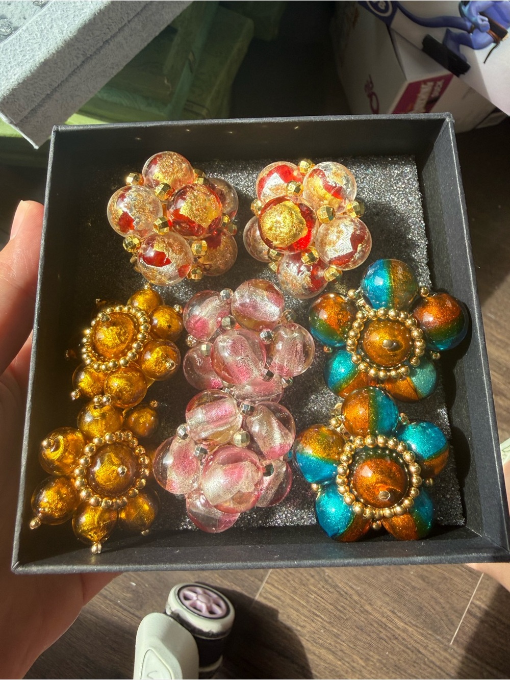 Italian Handcrafted Multi-Color Glass Flower Clip-On Earrings - Set of 4 Pairs